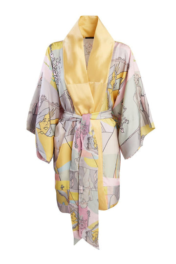 Kimono corto pura seta, manica lunga “Specchio delle mie brame” – Rose