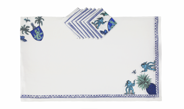 Tovaglia Bianca Blu in lino grezzo stampato & 8 tovaglioli- Aristo Pop