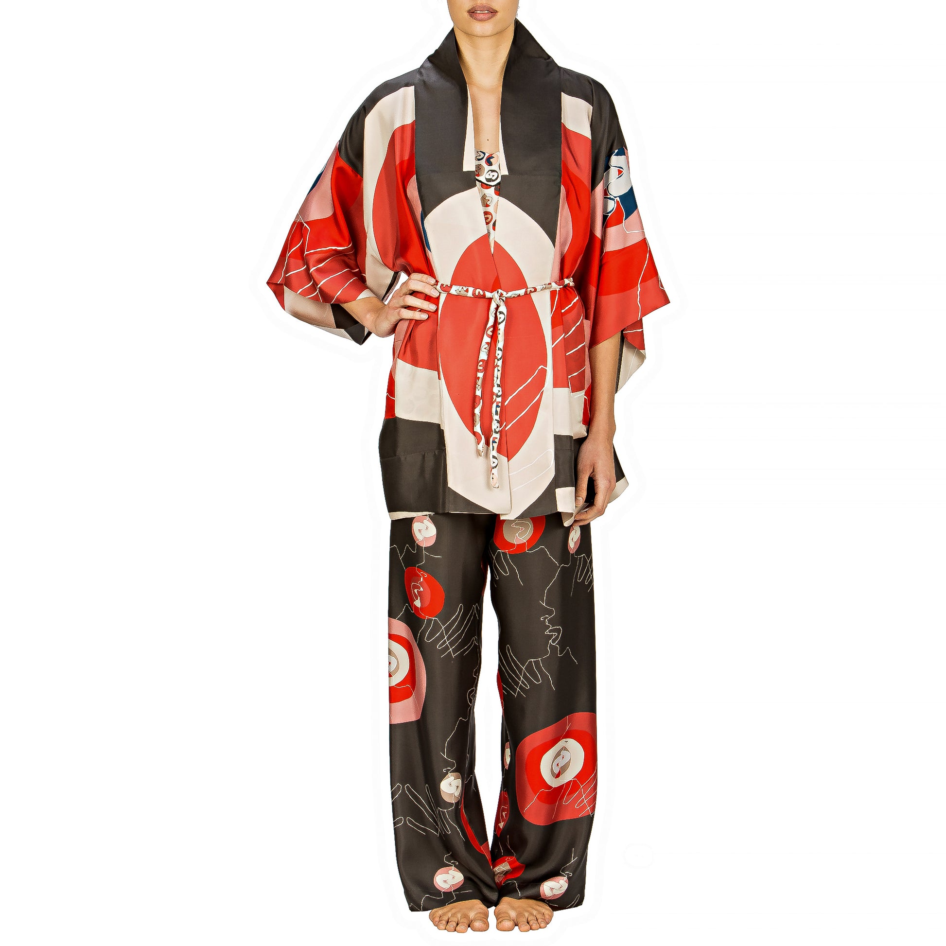 Kimono corto pura seta, manica lunga "Il bacio" – Steel.