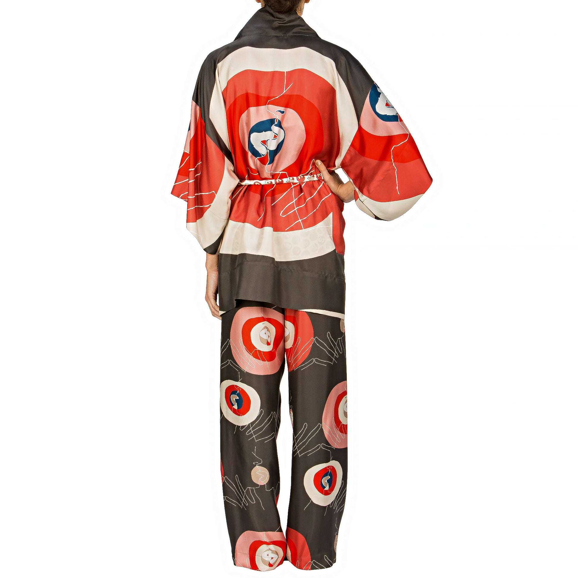 Kimono corto pura seta, manica lunga "Il bacio" – Steel.