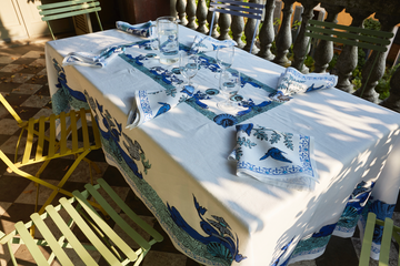 Tovaglia Bianca Blu in lino grezzo stampato & 8 tovaglioli- Aristo Pop